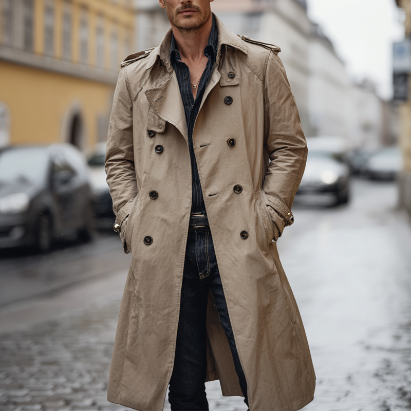 Men's Casual Loose Long Double-breasted Trench Coat MTA0876H0X
