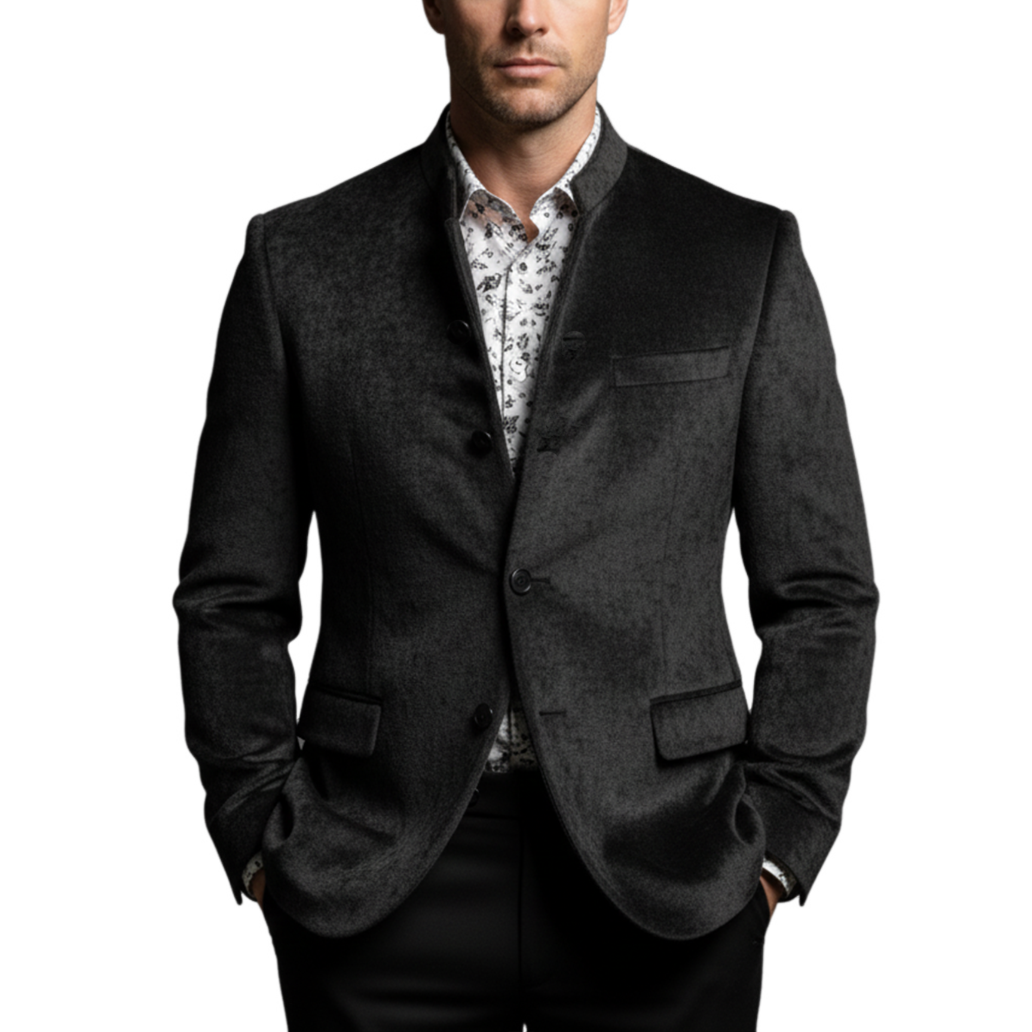 Men's Classic Light Business Chenille Blend Stand Collar Single Breasted Jacket MTA2272I9K