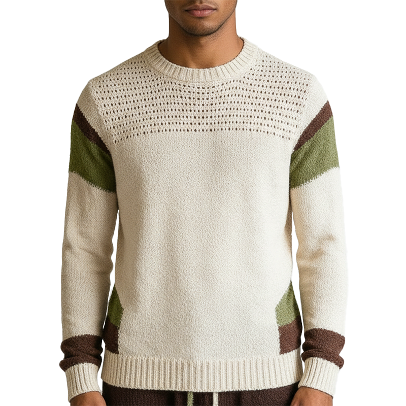 Men's Spring Retro Color-Block Cotton Yarn Knitted Long-Sleeve Sweater MTZ2310A2P