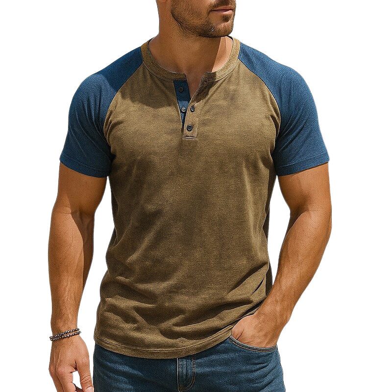 Men's Contrast Henley Collar Short Sleeve T-Shirt MTA1945E7X