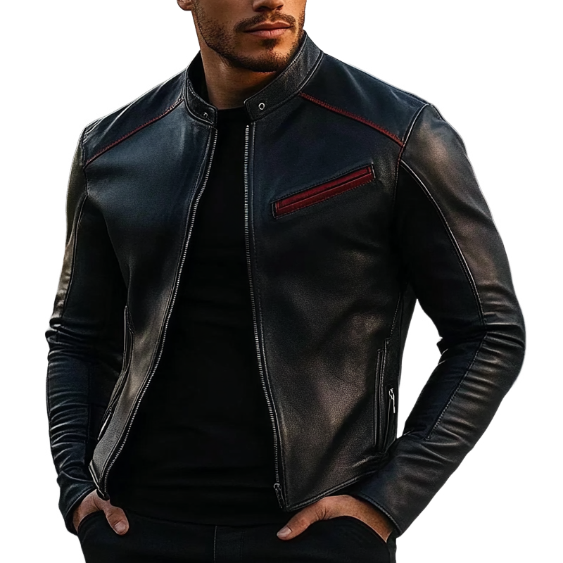 Men's Contrast Color Stand Collar PU Zipper Slim Fit Jacket MTA1558I5X