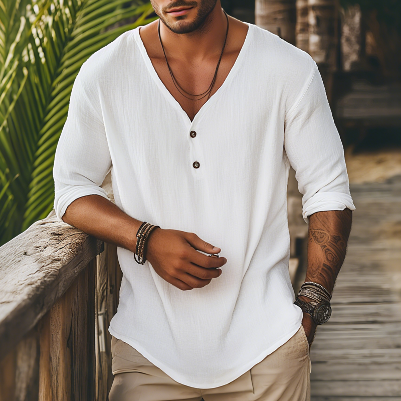 Men's Casual Solid Color Breathable Cotton Linen V-neck Loose Long-sleeved T-shirt MTA3022F4M