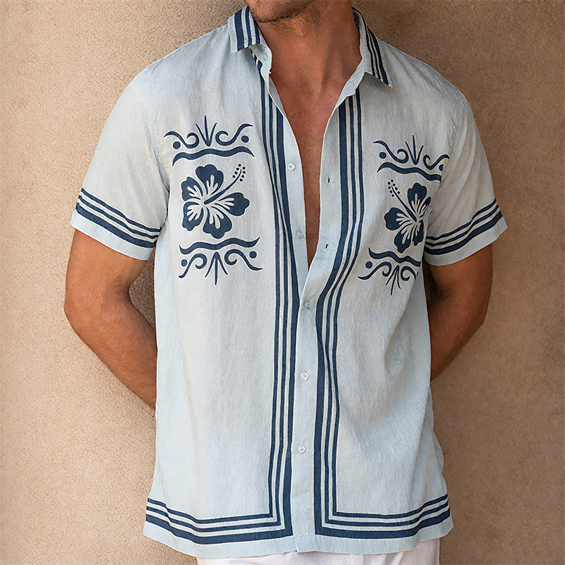 Men's Summer Casual Tencel Cotton Floral Print Lapel Short Sleeve Shirt MTA0233G5K