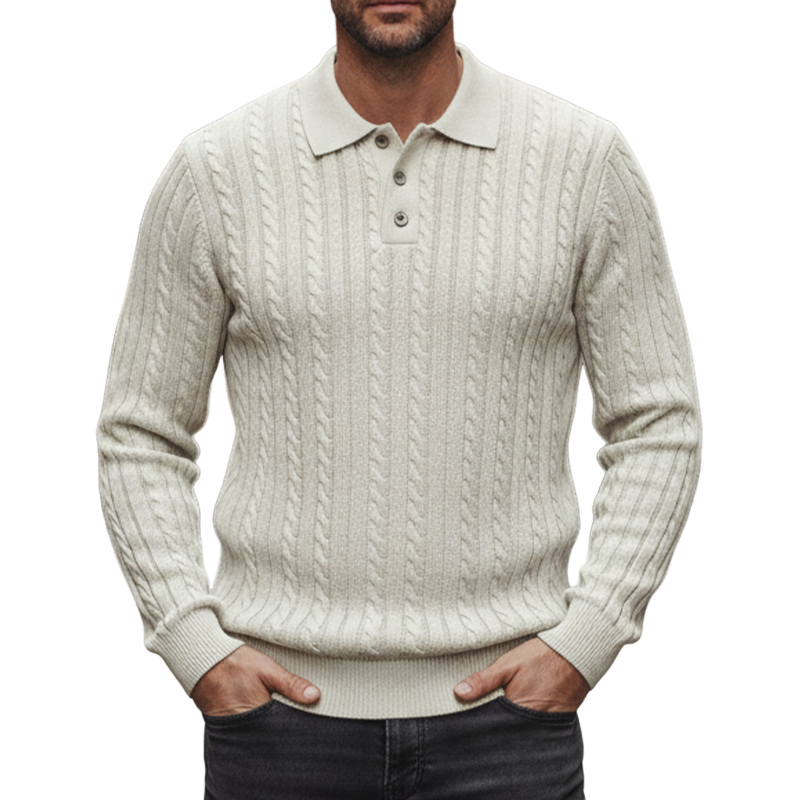 Men's Cable Knit Solid Lapel Pullover Sweater MTA1071I1X