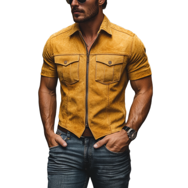 Men's Classic Vintage Western Slim Fit Zip-Up Suede Short Sleeve Shirt 80729061K