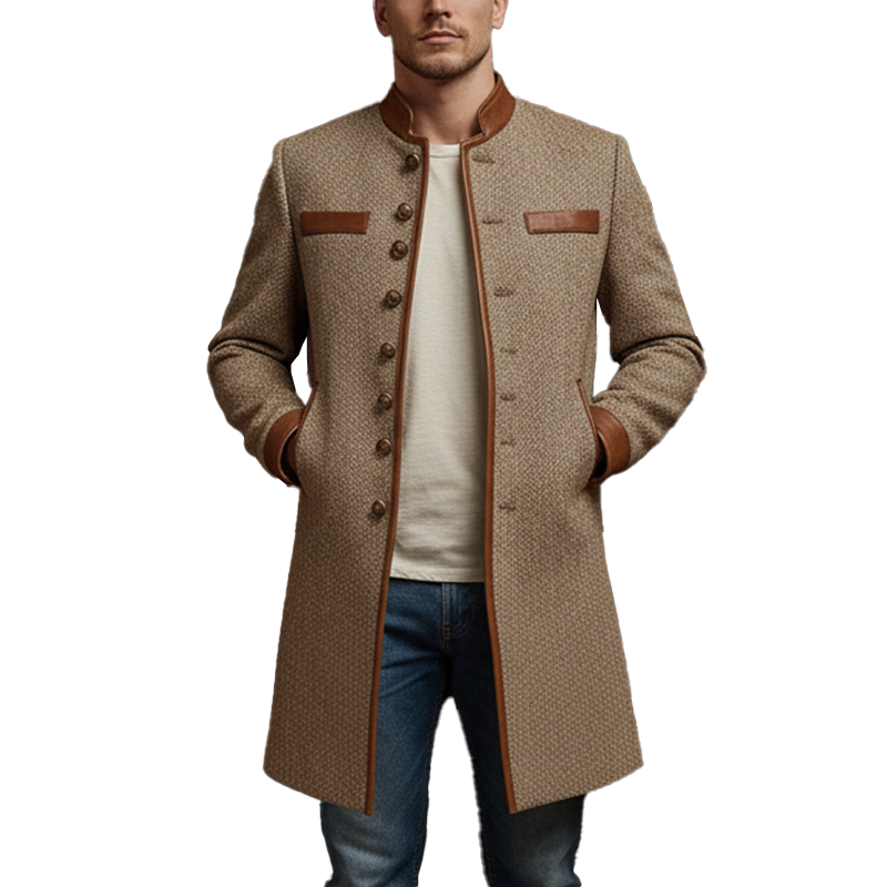 Men's Winter Fashion PU Patch Herringbone Faux Wool Mid-Length Coat MTA1503J9P