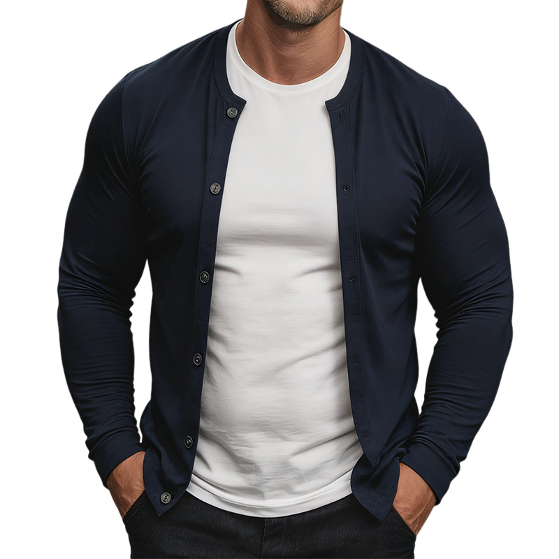 Men's Vintage Casual Collarless Button Faux Two-Piece Long Sleeve T-Shirt MTZ2986A1TO