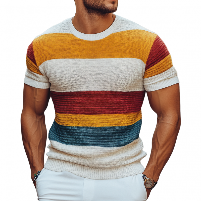 Men's Casual Colorful Striped Knitted Round Neck Slim Fit Short Sleeve Sweater T-shirt MTA2115G8M
