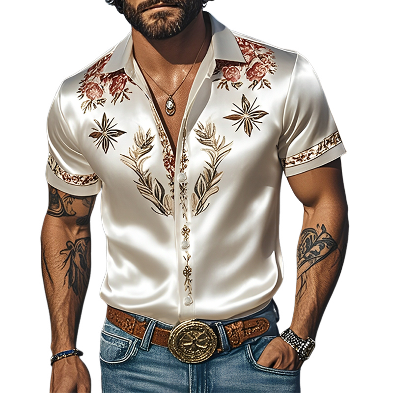 Men's Spring And Summer Fashion Casual Western Cowboy Style Satin Champagne Gold Print Short Sleeve Shirt MTA1644E0K