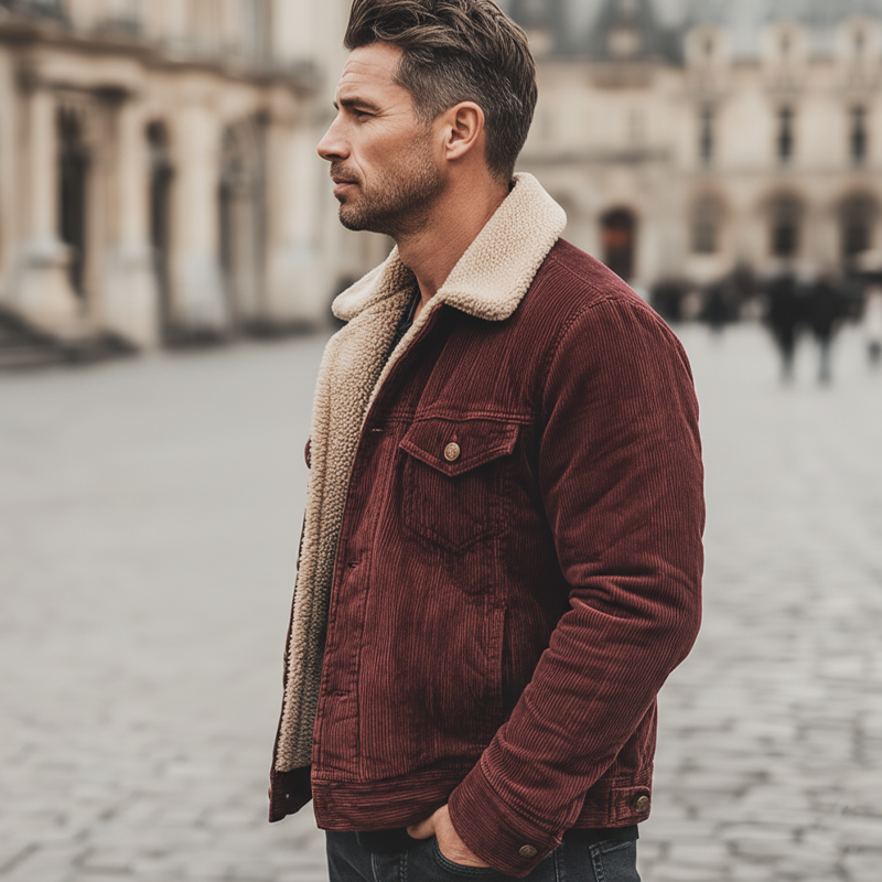 Men's Dark Red Corduroy Warm Lambswool Lined Button Jacket MTA1395K2U