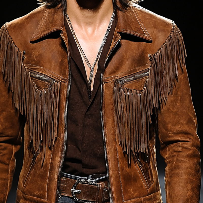 Men's Vintage Solid Color Tassel Western Denim Jacket MTA2883H5X