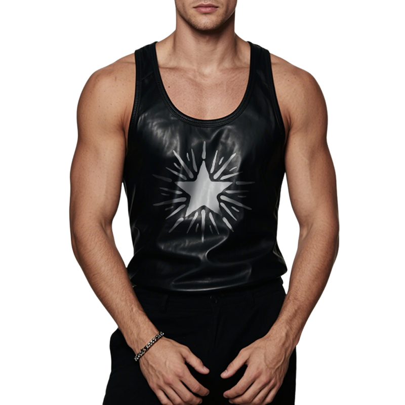 Men's Retro Casual Leather Star Printed Round Neck Sleeveless Tank Top MTA1986F1TO