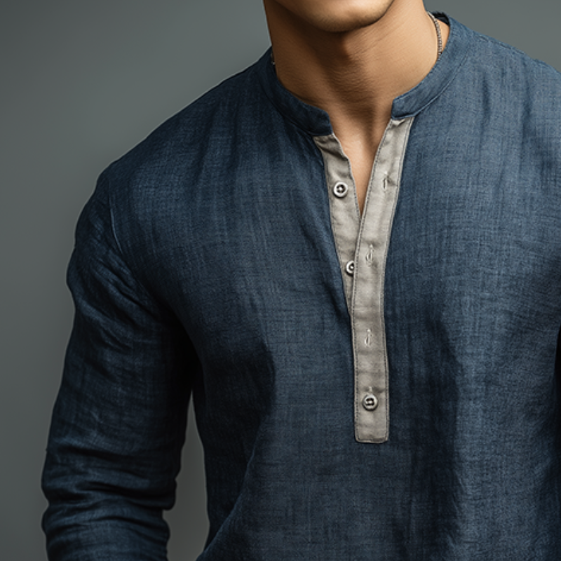 Men's Vintage Casual Cotton And Linen Henley Collar Long Sleeve Shirt MTA0697H8TO