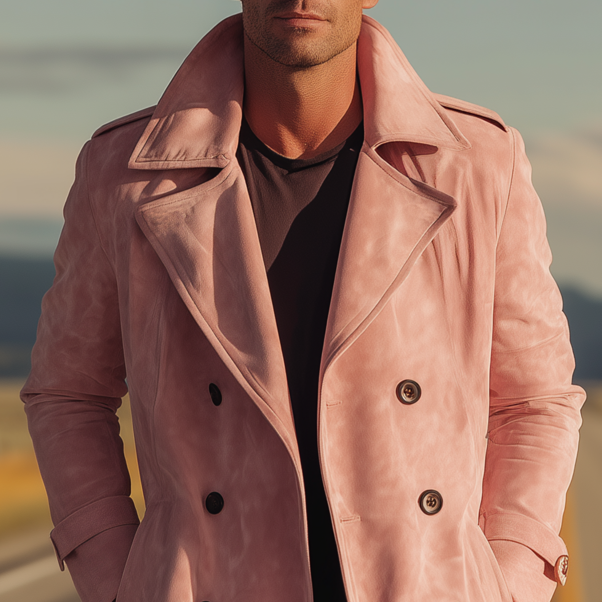 Men's Classic American Retro Western Pink Suede Double-Breasted Coat MTA1902H5K