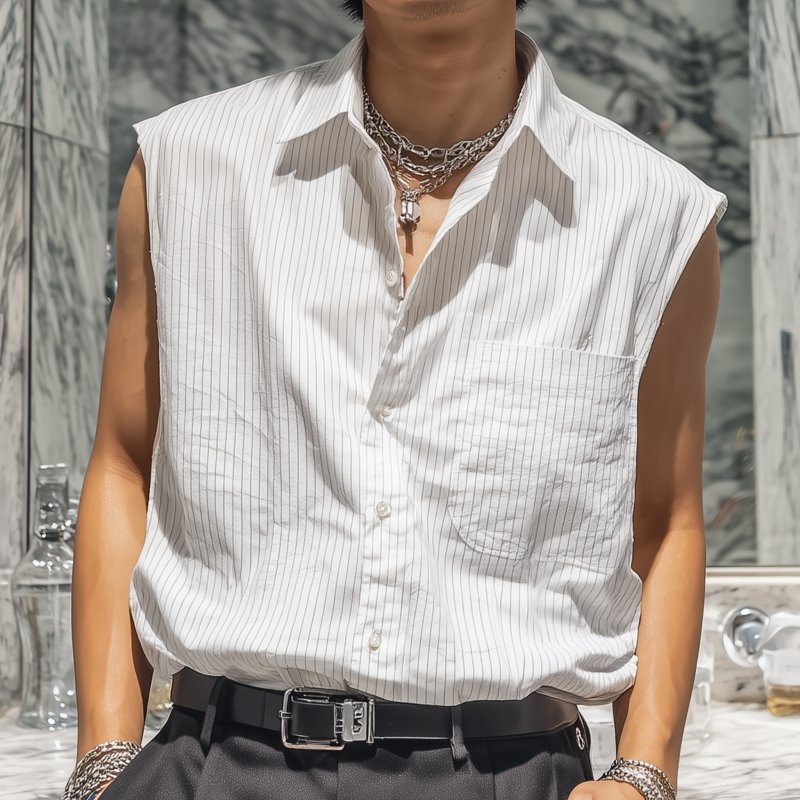 Men's Casual Breathable Cotton Striped Lapel Patch Pocket Loose Sleeveless Shirt MTA2892G9M