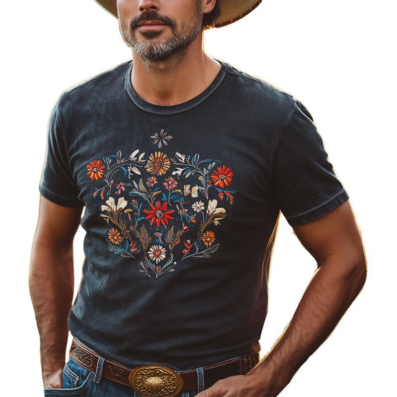 Men's Vintage Floral Embroidery Round Neck Short Sleeve T-Shirt MTA2806D1U
