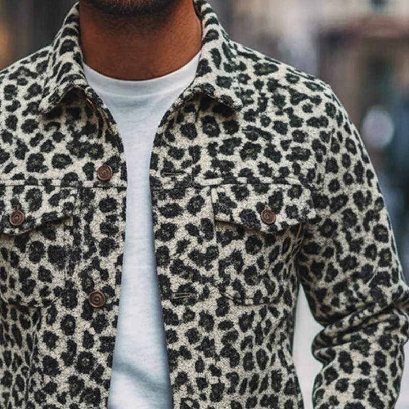 Men's Vintage Leopard Jacquard Polar Fleece Lapel Jacket MTA2988I0X