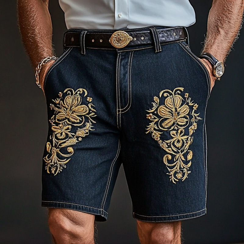 Men'S Fashion Retro Embroidered Straight Denim Shorts MTA0940E1Z