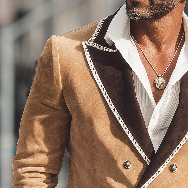 Men's Business Classic Colorblock Collar Double-breasted Sude Blazer MTA2534H7U
