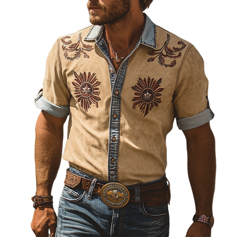 Men's Summer Fashion Retro Western Cowboy Style Denim Stitching Suede Embroidery Short-sleeved Shirt MTA2824D8K