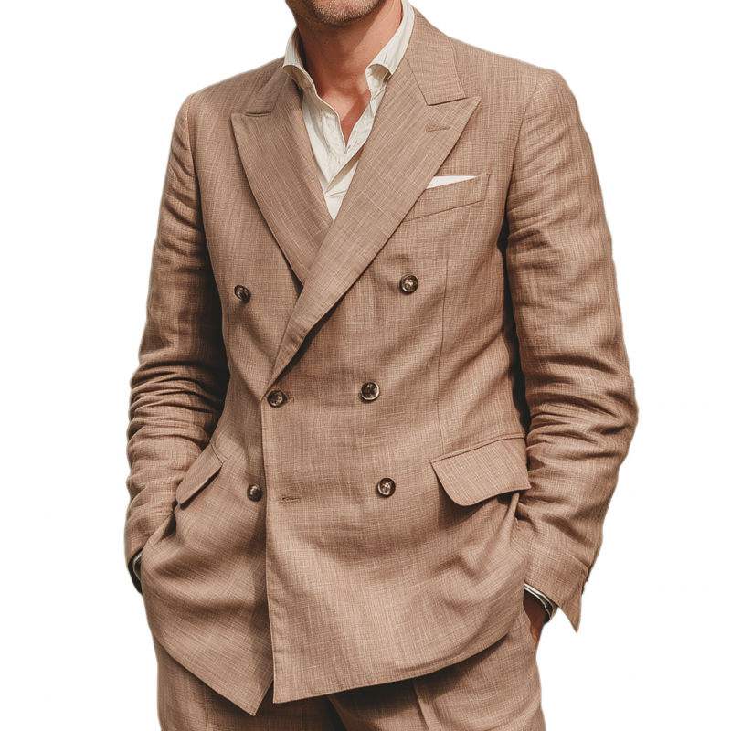 Men's Vintage Elegant Breathable Linen Peak Lapel Double Breasted Slim Fit Blazer MTA0788G2M