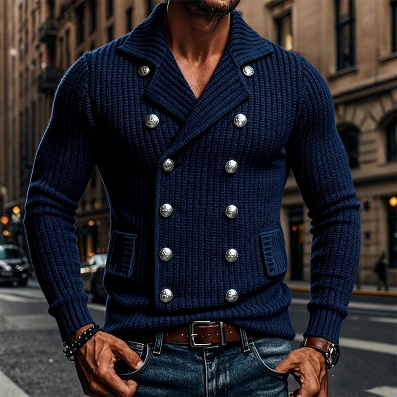 Men's Solid Color Vintage Knitted Double-breasted Lapel Cardigan MTA1765J5X