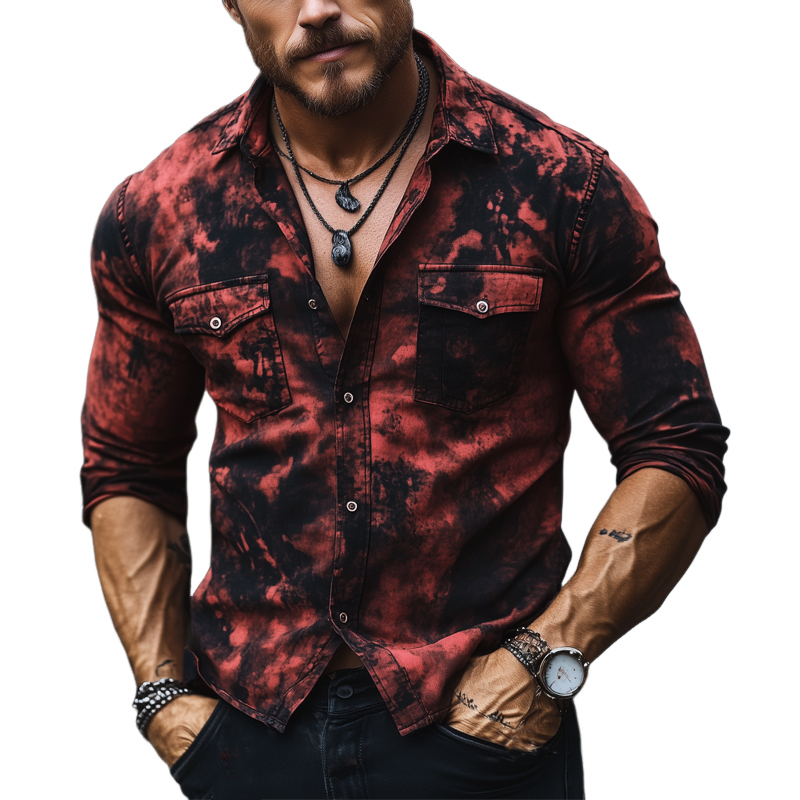 Men's Classic Black And Red Rendering Print Long Sleeve Shirt MTA0679H5U