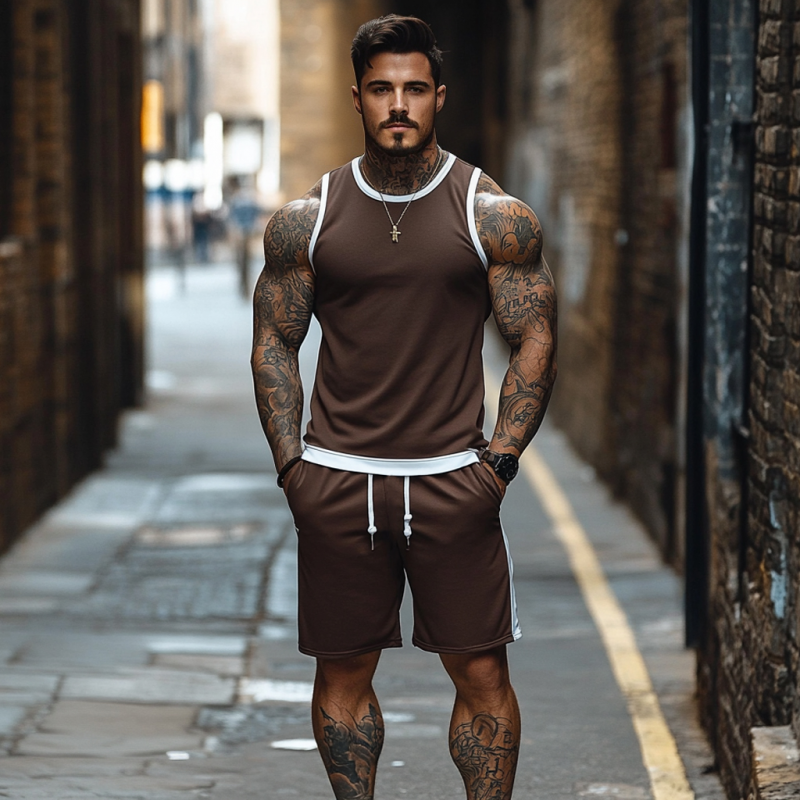 Men's Casual Breathable Cotton Colorblock Round Neck Tank Top Elastic Waist Shorts Sports Set MTA2661E6M