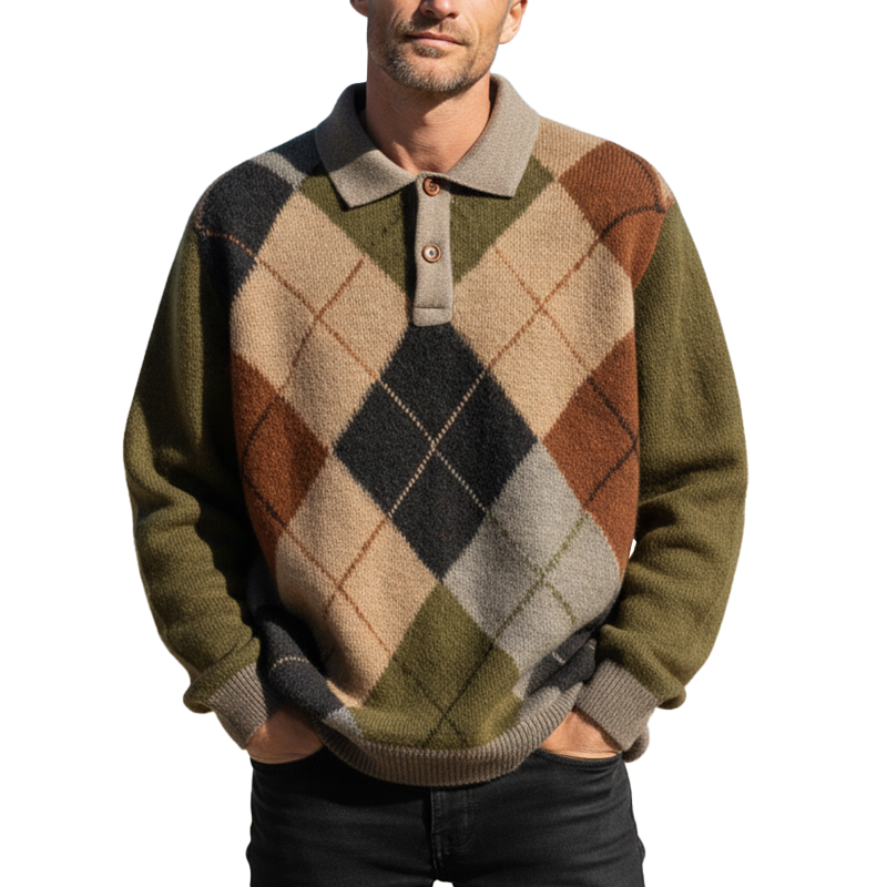 Men's Winter Fashion Diamond Pattern Cotton Yarn Knitted Henley Collar Loose Sweater MTA1054J2P