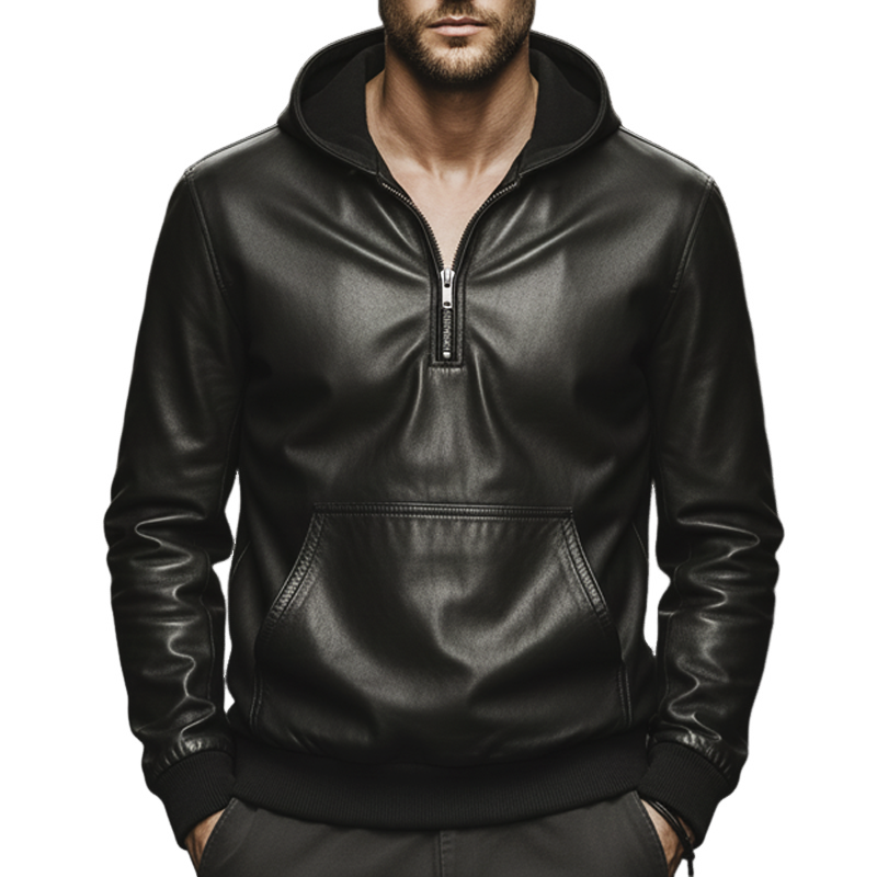 Men's Classic Quarter Zip Collar Black PU Leather Hoodie MTA2723J6U