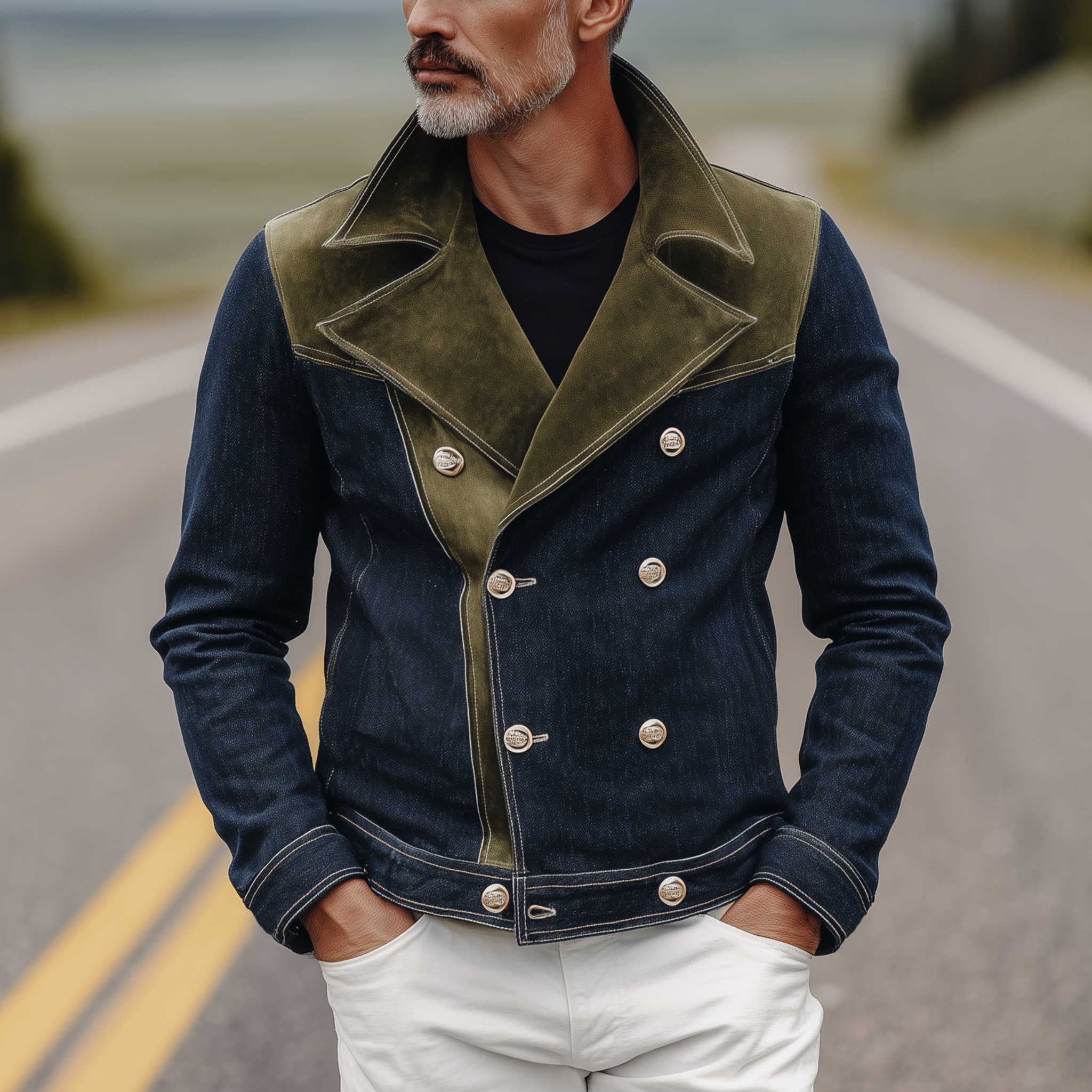 Men's Classic Western Vintage Suede And Denim Lapel Double-Breasted Jacket MTA0319I0K