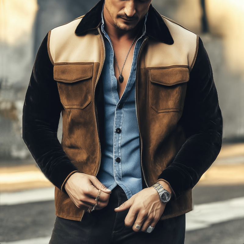 Men's Vintage Colorblock Lapel Zipper Suede Jacket MTA2712H0U