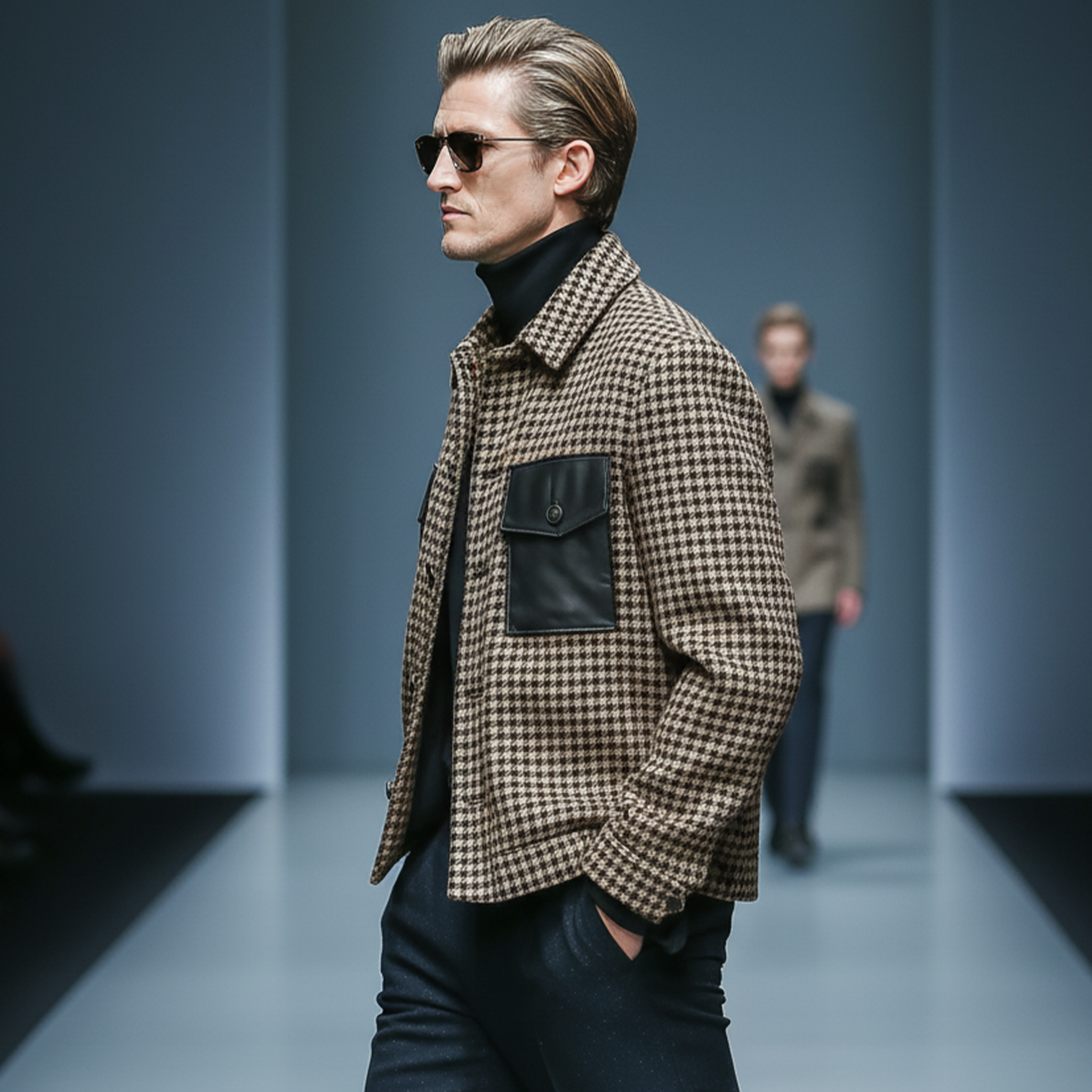 Men's Classic Retro Pocket Stitching PU Leather Lapel Faux Houndstooth Woolen Jacket MTA1109J0K