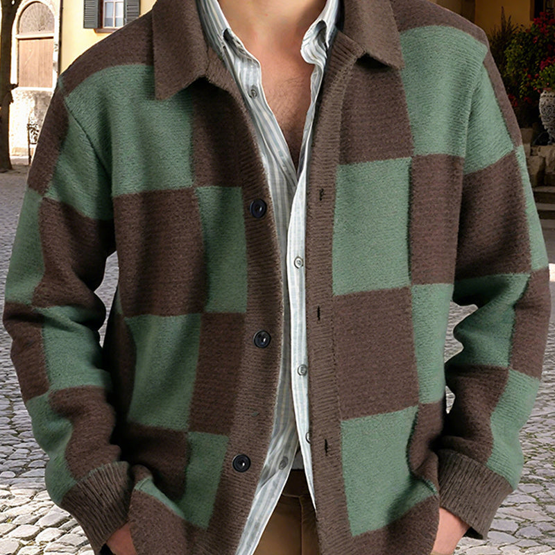 Men's Casual Contrast Checkerboard Lapel Single-breasted Loose Knit Cardigan MTA0494H6M
