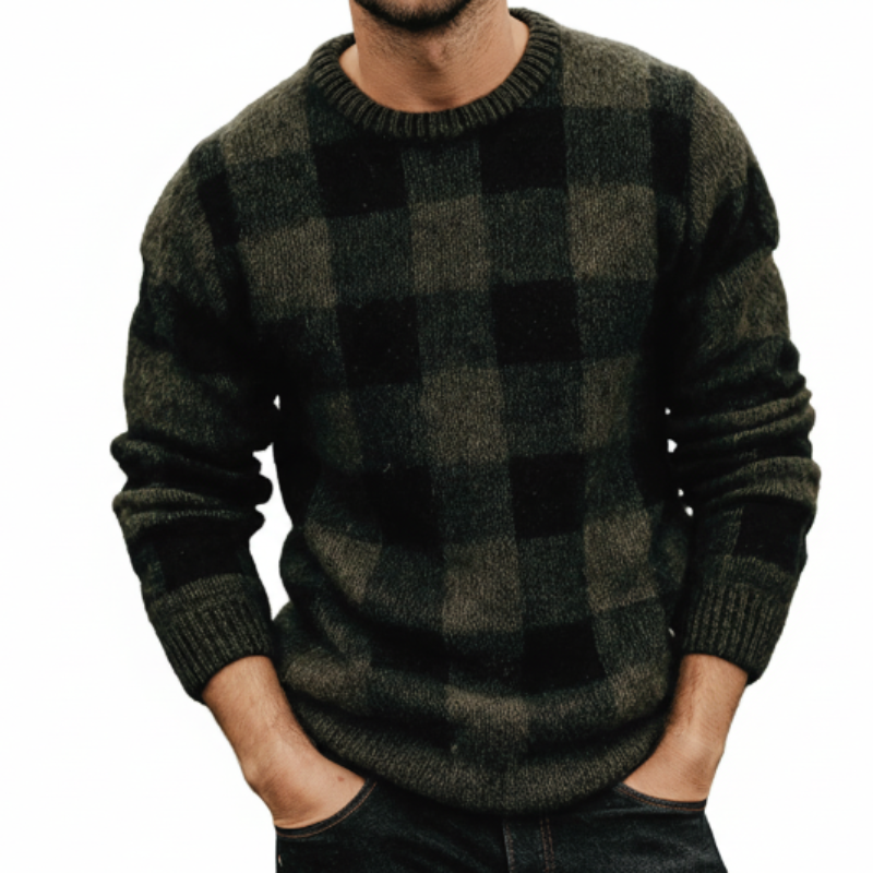 Men's Retro Casual Knitted Plaid Crew Neck Sweater MTA1702L5TO