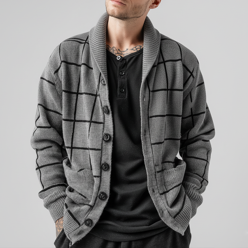 Men's Simple Plaid Cotton Knit Lapel Cardigan MTA1677J1P