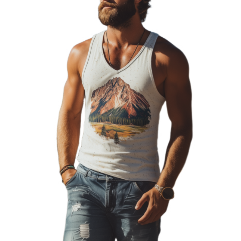 Men's American Retro Yellowstone Park Series Printed V-Neck Cotton Tank Top 19193488K