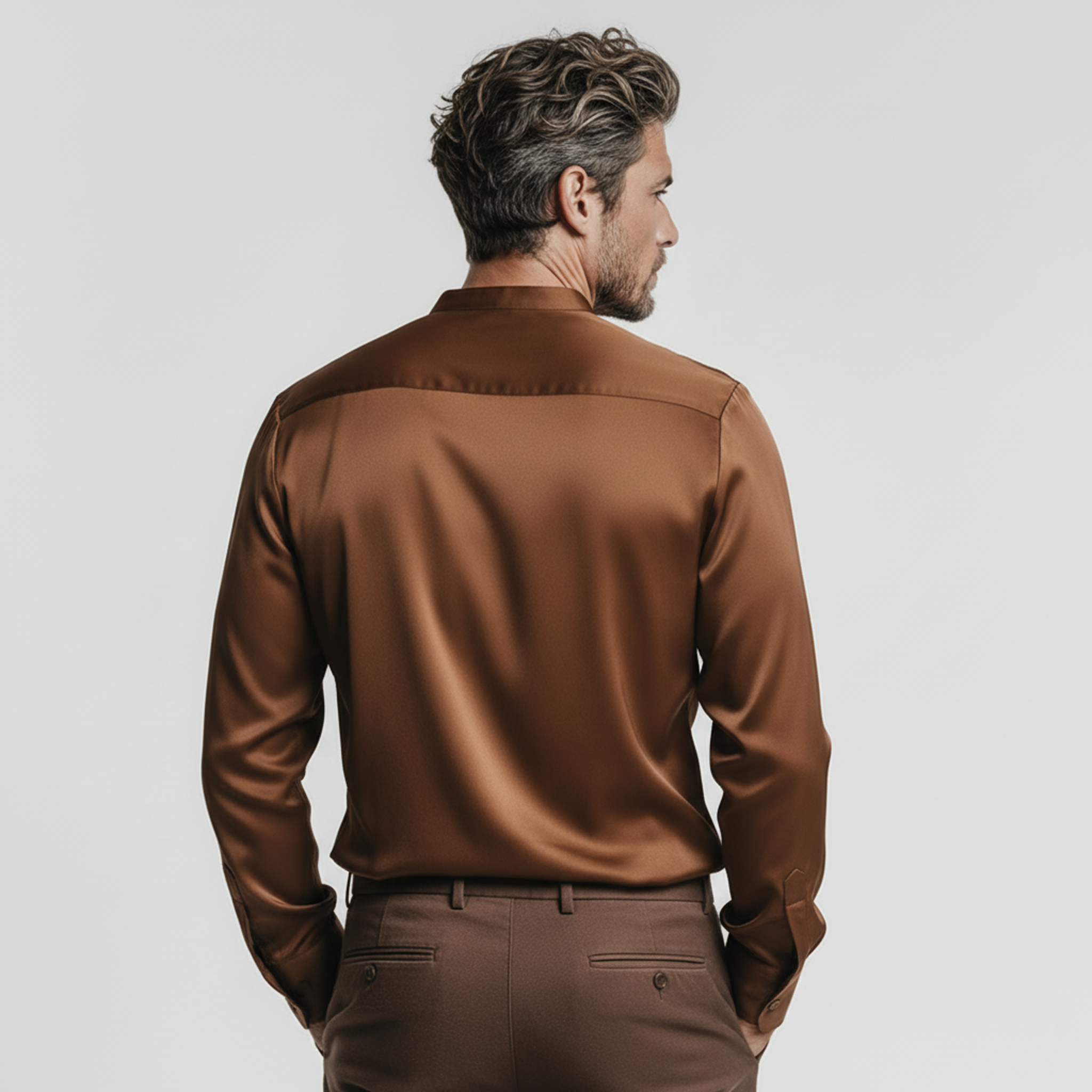 Men's Classic Casual Satin Stand-collar Pullover Long-sleeved Shirt MTZ0924A3K