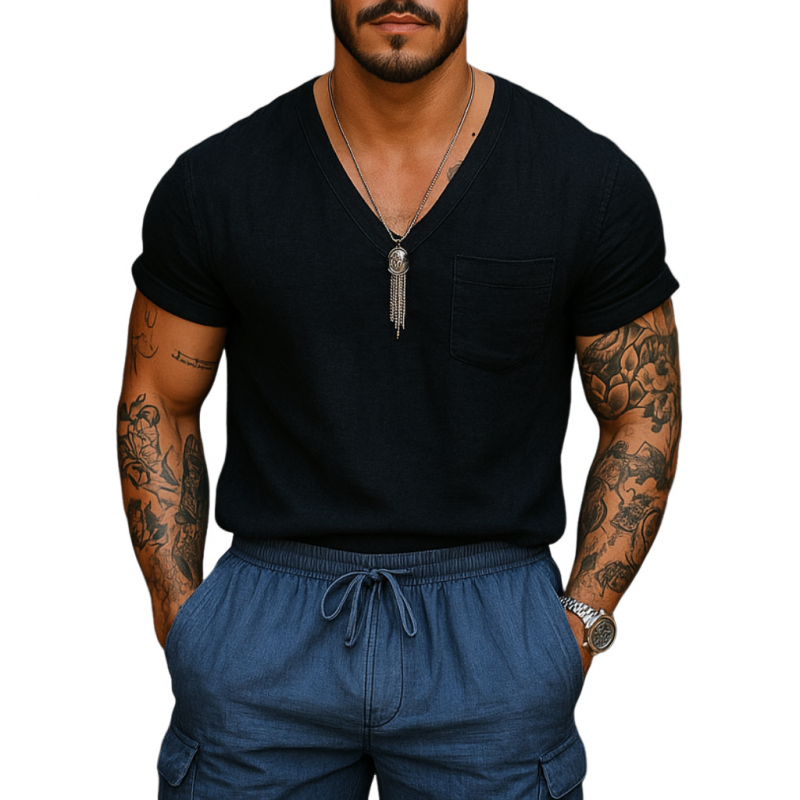 Men's Casual Breathable Cotton Linen V-neck Patch Pocket Loose Short-sleeved T-shirt MTA1588E0M