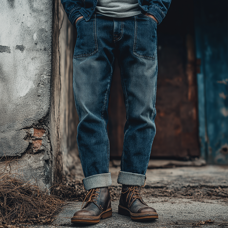 Men's Vintage Washed Distressed Denim Lumberjack Casual Trousers MTA3199G9TO
