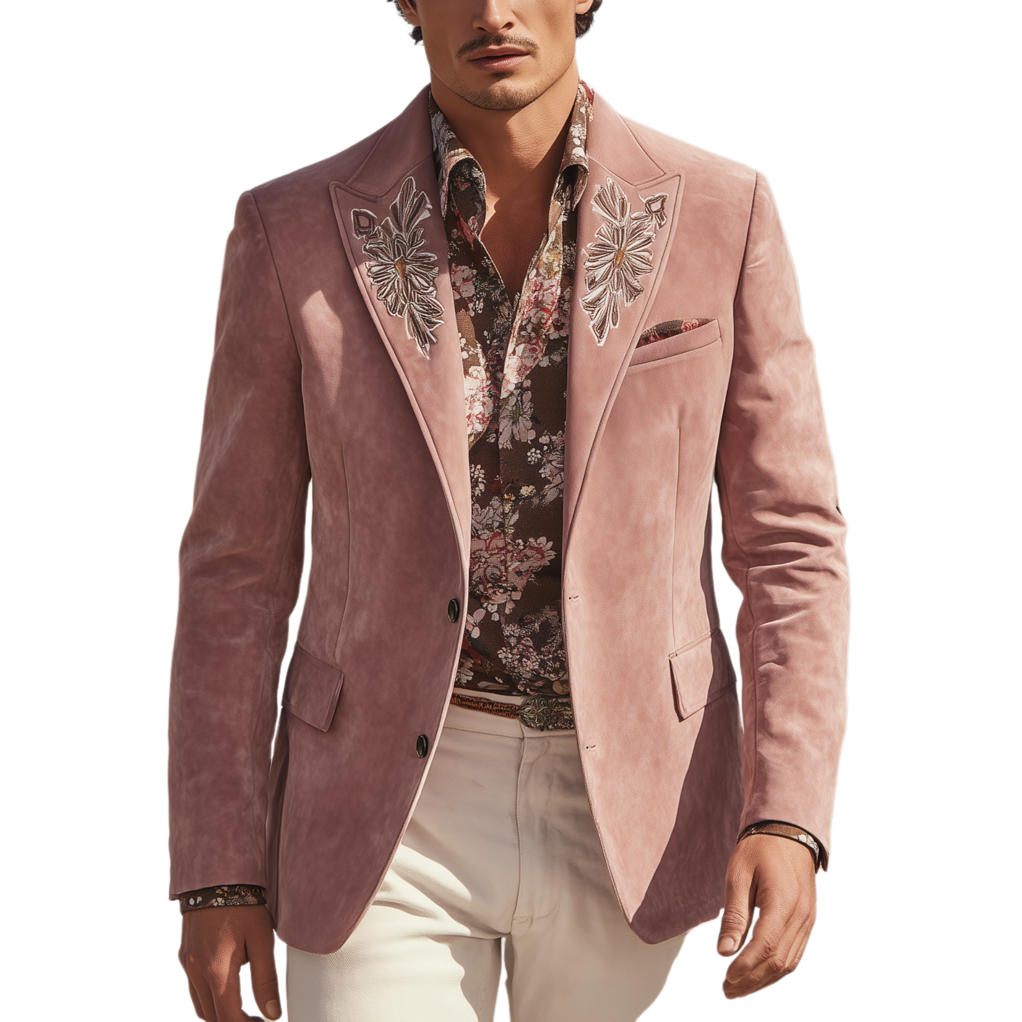 Men's Classic American Retro Western Style Embroidered Pink Suede Single-breasted Blazer MTA1873H0K