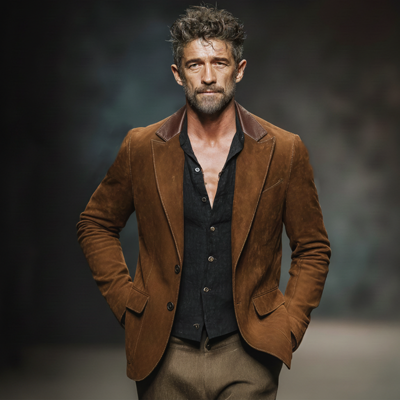 Men's Business Suede And PU Leather Two-button Double-slit Blazer MTA2214J9U