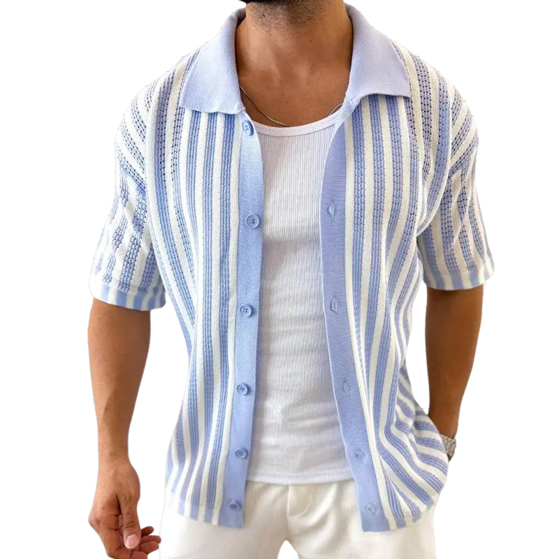 【24-hour shipping out】Men's Summer Casual Striped Knitted Short Sleeve Shirt MTA2334D8X