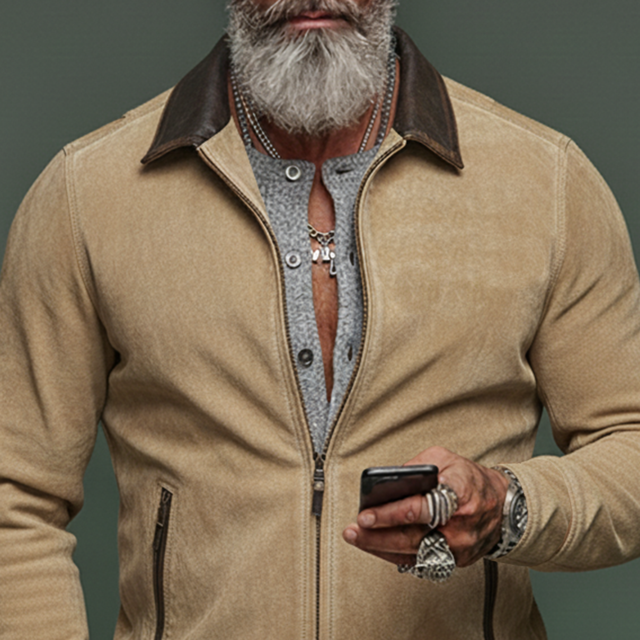 Men's Classic Vintage PU Leather Collar Zip-up Washed Cotton Blend Jacket MTA1791L8K