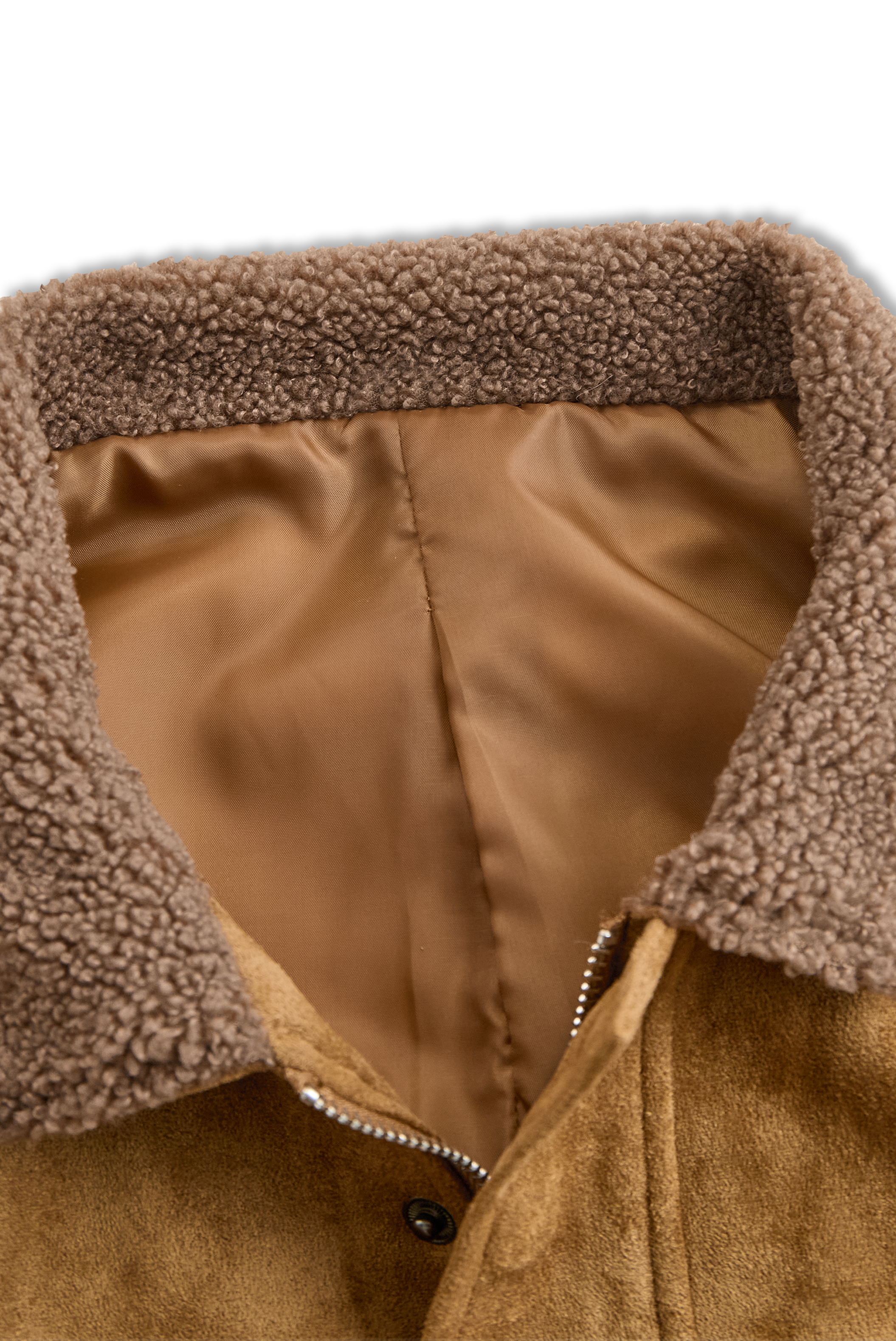 Cappotto da uomo vintage in pelle scamosciata con collo in pile patchwork multi-tasche e cerniera 99704034M
