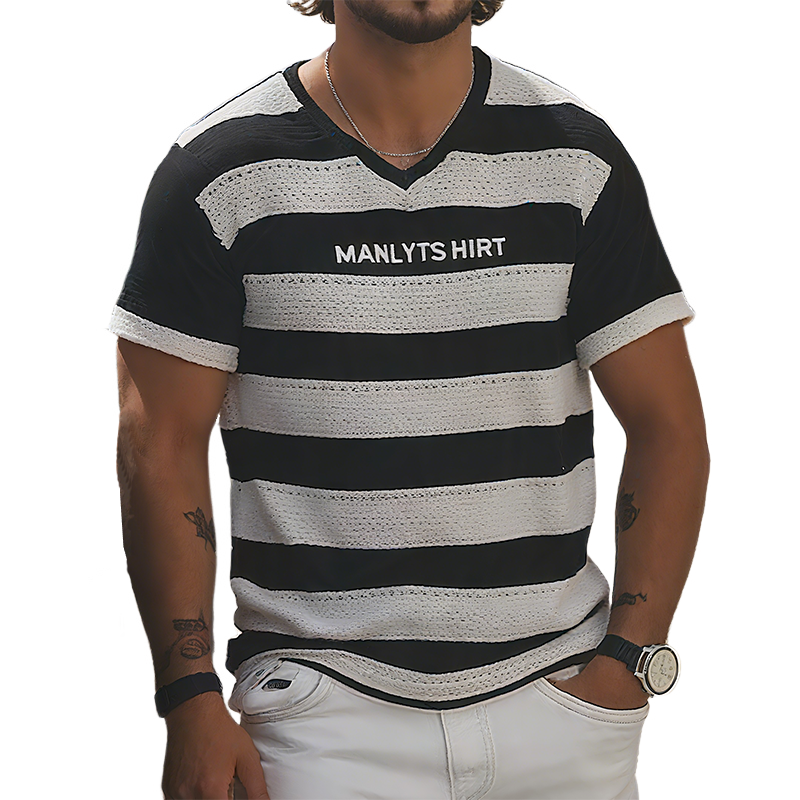 Men's Summer Fashion Casual V-neck Knitted Black And White Horizontal Stripes Letter Embroidered Short-sleeved T-shirt MTA2650F9K