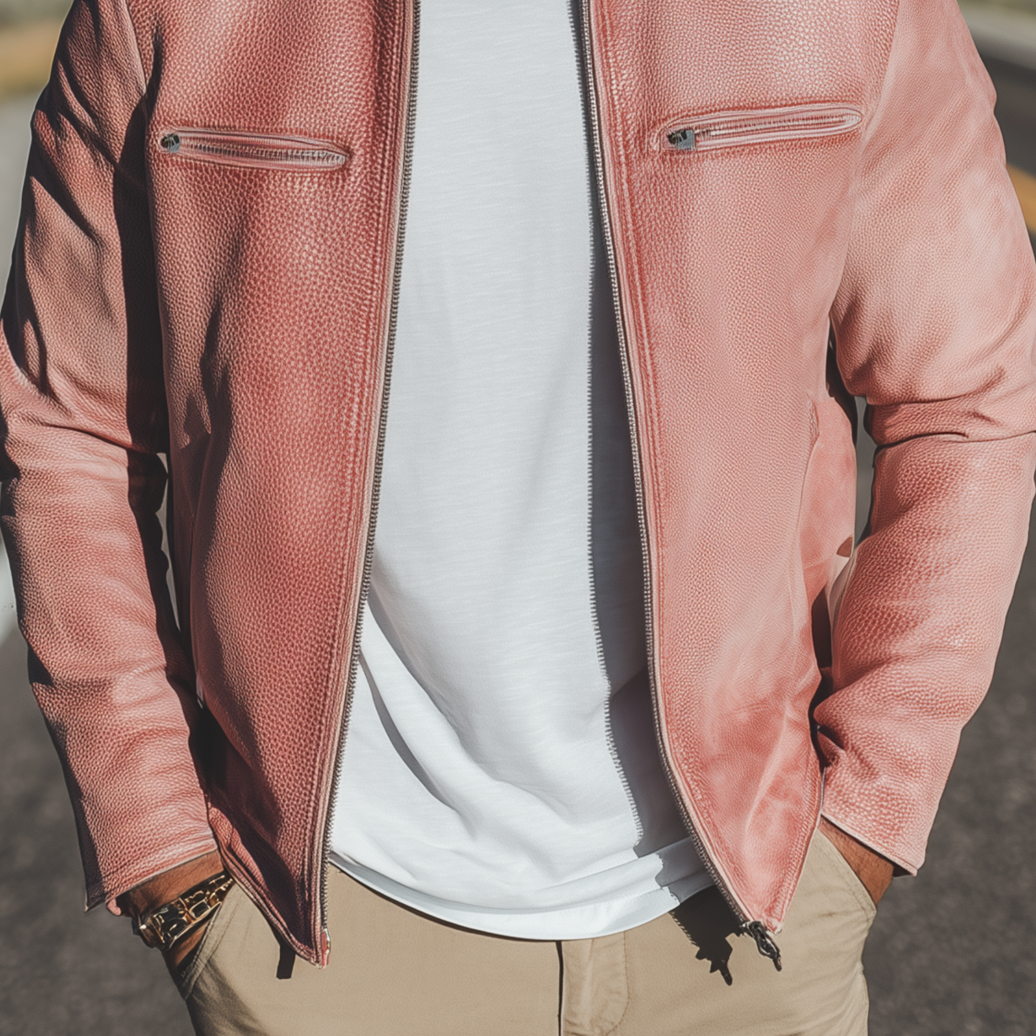 Men's Classic Casual Western Style Stand Collar Pink Textured PU Leather Zipper Jacket MTA1519H2K