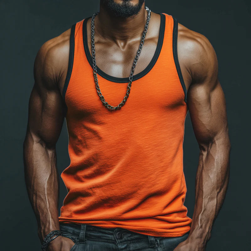Men's Casual Breathable Skin-friendly Colorblock Cotton U-neck Slim Fit Tank Top MTA0798G1M