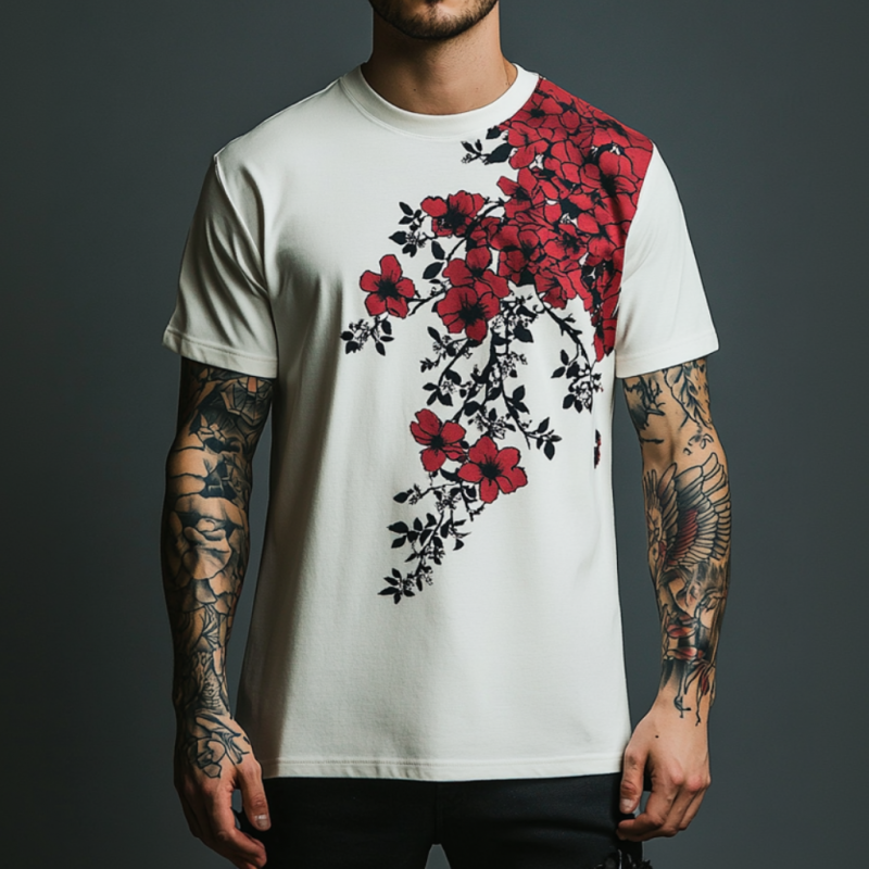 Men's Casual Contrast Color Floral Print Round Neck Slim Fit Short Sleeve T-shirt MTA1564E5M