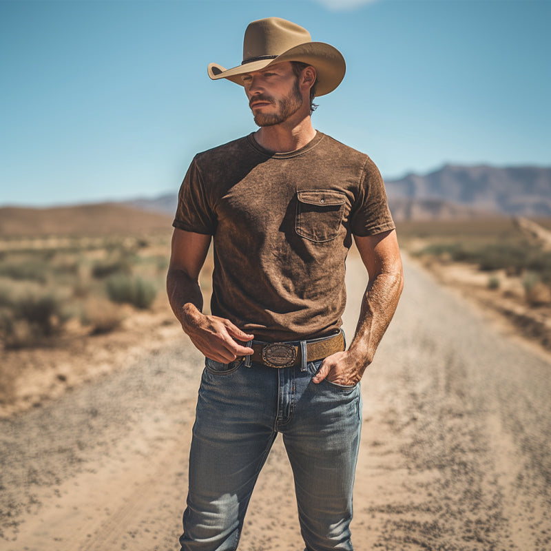 Men's Western Vintage Style Round Neck Short Sleeve T-Shirt MTA0998E2X